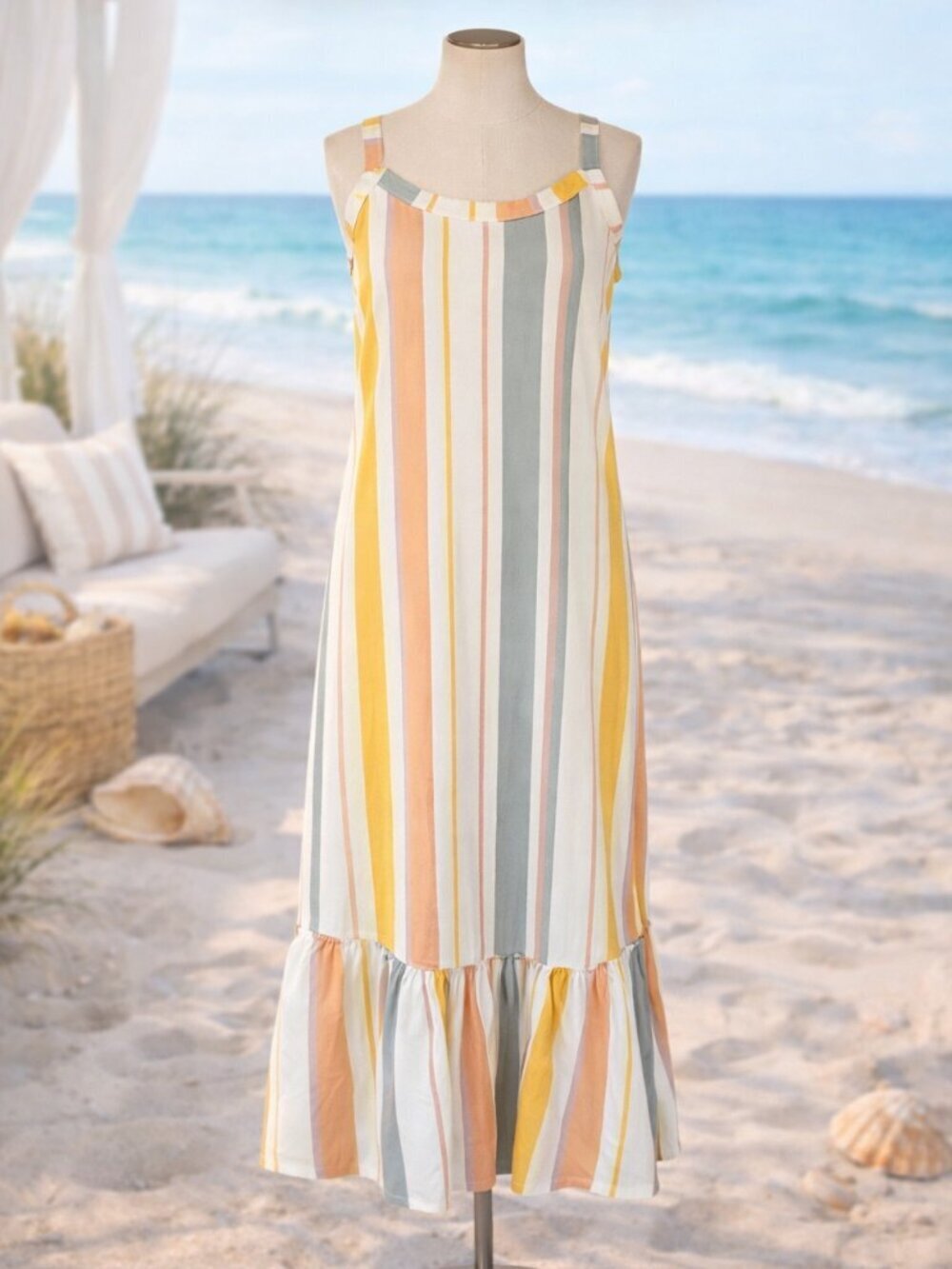 Ella Moss Striped Midi Dress M Ruffle Hem Sundress Coastal Summer